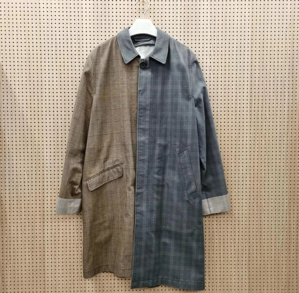 Maison Margiela split coat with deconstructed two-tone checkered design – a unique archival piece.