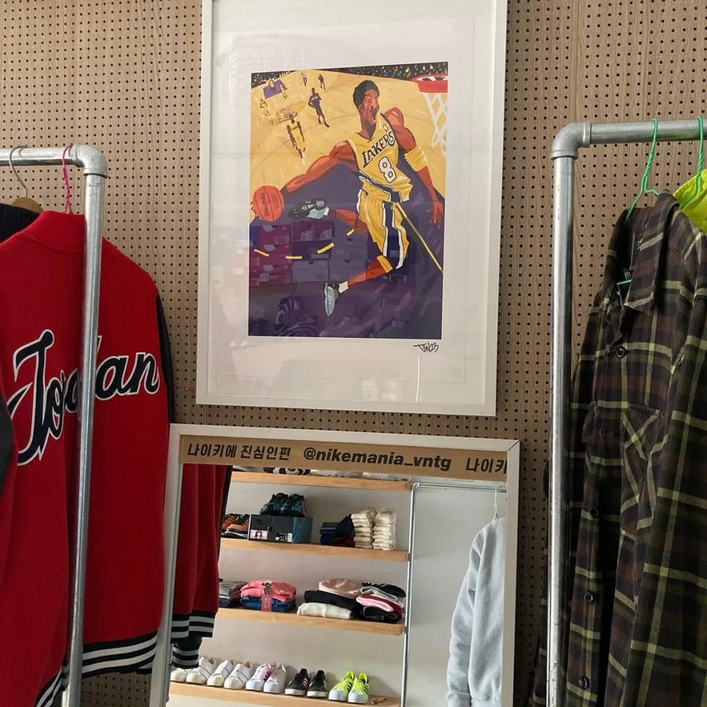 Kobe Bryant tribute artwork and vintage NBA jackets on display at Retouch Seoul.